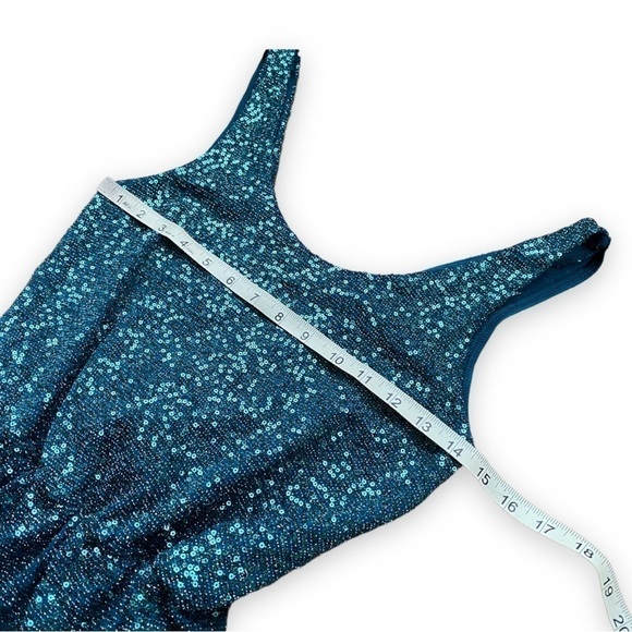 𝅺EXPRESS Teal Sequin Low Surplice Back Cocktail Mini Dress - Picture 11 of 14